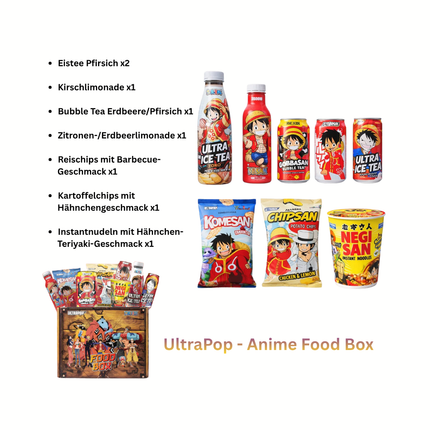 UltraPop Anime Food Box mit sechs Produkten: Getränke, Chips, Instantnudeln