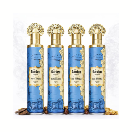 Oud Istanbul: 4 blaue Flakons mit goldener Ornamentkappe und goldfarbenem Stadtmotiv