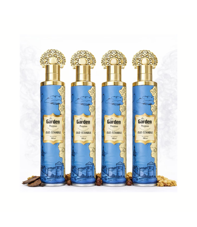 Oud Istanbul: 4 blaue Flakons mit goldener Ornamentkappe und goldfarbenem Stadtmotiv