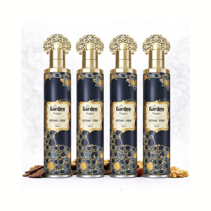 Royal Oud: 4 dunkelblaue Flakons mit goldener Ornamentkappe und goldenem Gitterdesign