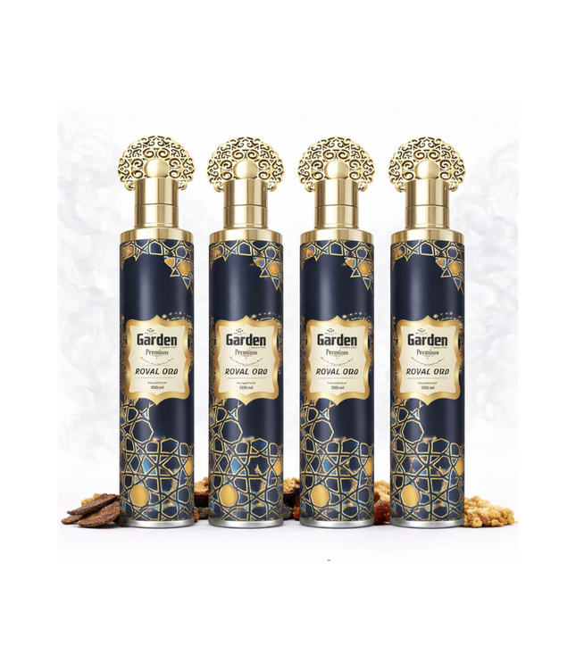 Royal Oud: 4 dunkelblaue Flakons mit goldener Ornamentkappe und goldenem Gitterdesign