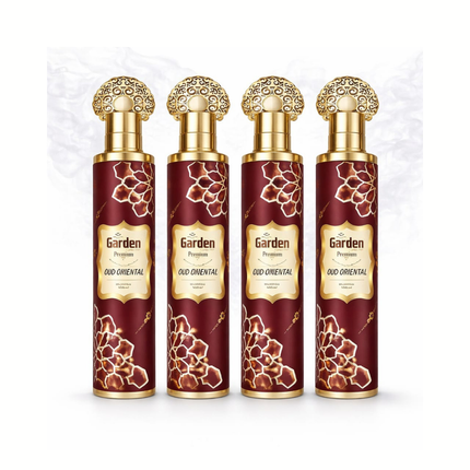 Oud Oriental: 4 bordeauxfarbene Flakons mit goldener Ornamentkappe und weißem Muster