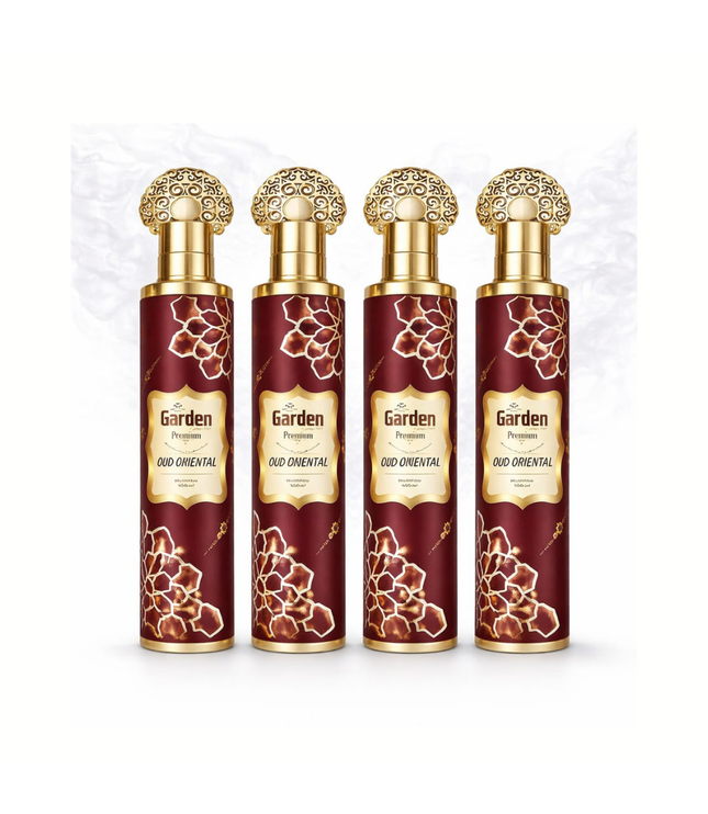 Oud Oriental: 4 bordeauxfarbene Flakons mit goldener Ornamentkappe und weißem Muster