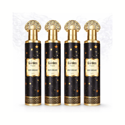 Oud Dream: 4 schwarze Flakons mit goldener Ornamentkappe und Sternenmotiv