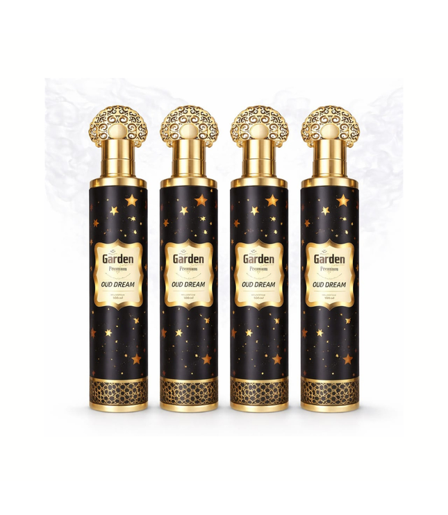 Oud Dream: 4 schwarze Flakons mit goldener Ornamentkappe und Sternenmotiv