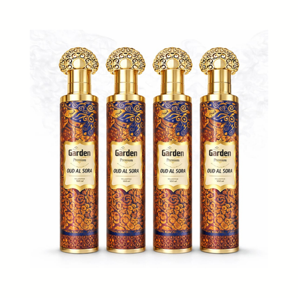 Oud Al Sora: 4 braun-blaue Flakons mit goldener Ornamentkappe und Ornamentdesign