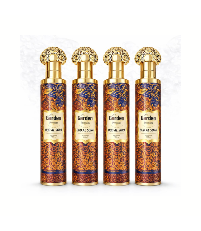Oud Al Sora: 4 braun-blaue Flakons mit goldener Ornamentkappe und Ornamentdesign