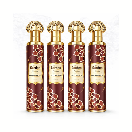 Oud Oriental: 4 bordeauxfarbene Flakons mit goldenen Zierlinien und weißem Gittermotiv