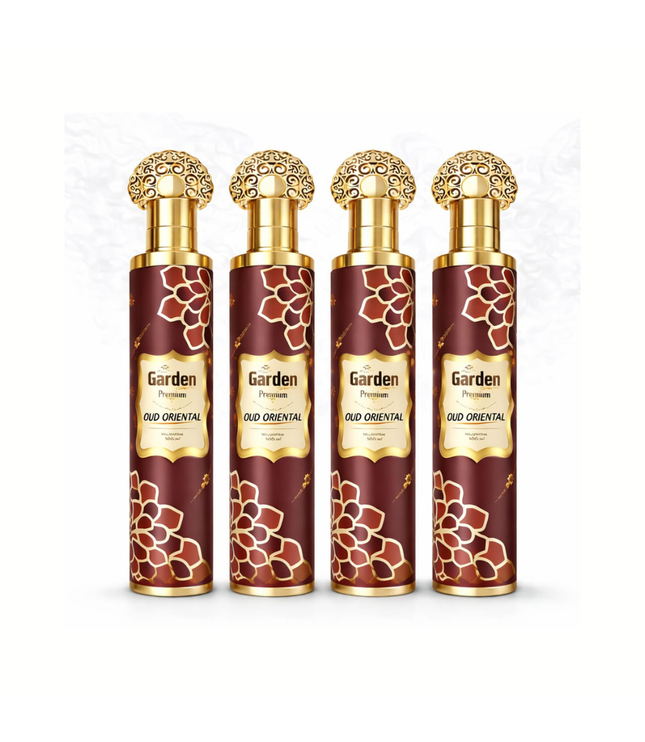 Oud Oriental: 4 bordeauxfarbene Flakons mit goldenen Zierlinien und weißem Gittermotiv