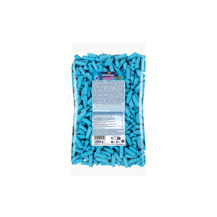 Beutel mit Hitschies Sour Mix, gefüllt mit blauen gezuckerten Stiften
