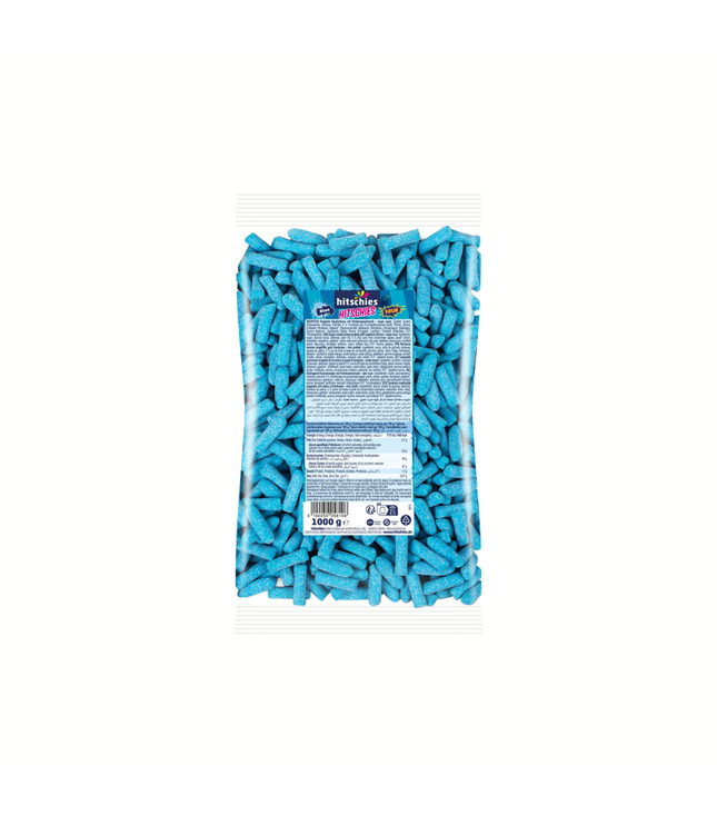 Beutel mit Hitschies Sour Mix, gefüllt mit blauen gezuckerten Stiften