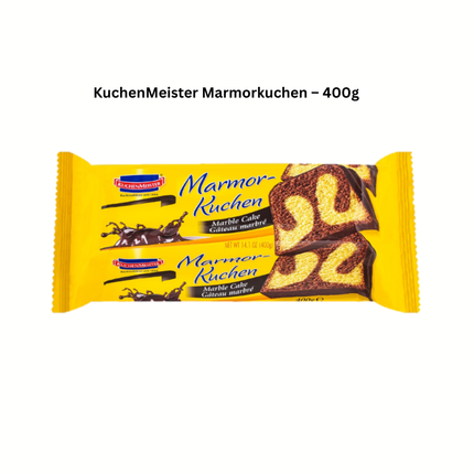 Marmorkuchen 400 g – gelbe Packung mit Marmormuster und Kuchenscheiben