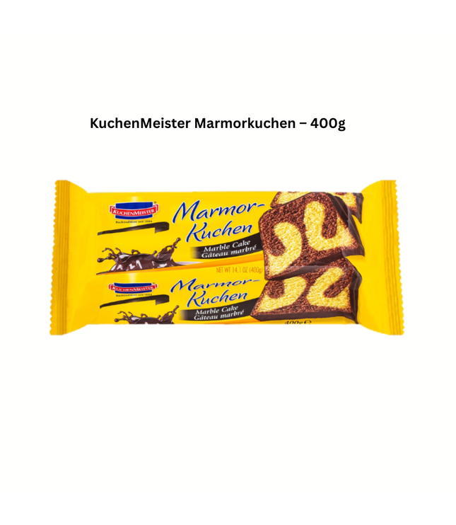 Marmorkuchen 400 g – gelbe Packung mit Marmormuster und Kuchenscheiben