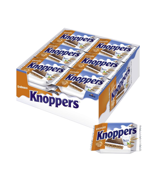 Knoppers – 24 x 25 g – Gefüllte Waffelschnitten mit Milch- und Nougatcreme, Haselnüssen und Kakao