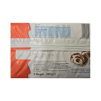 Kinder TRiS 5 Riegel, 100 g e, Rückseite mit Nährwert- und Zutatenangaben