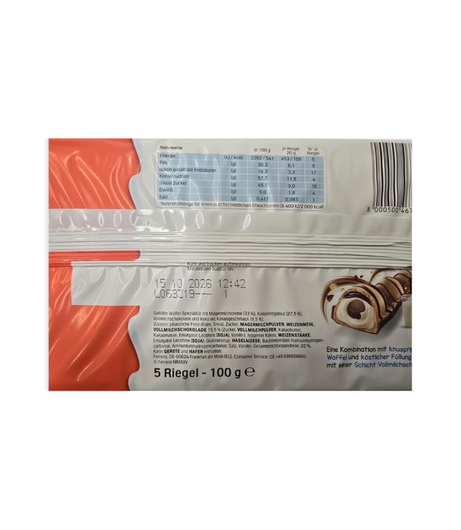 Kinder TRiS 5 Riegel, 100 g e, Rückseite mit Nährwert- und Zutatenangaben