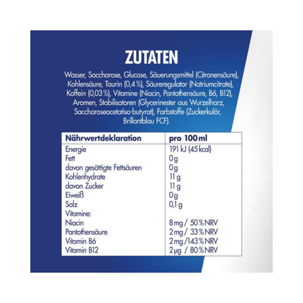 Energy-Drink Dose: Zutaten- und Nährwerttabelle auf blauer Rückseite
