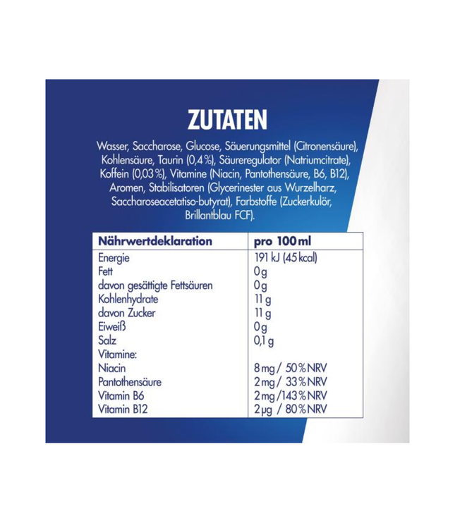 Energy-Drink Dose: Zutaten- und Nährwerttabelle auf blauer Rückseite