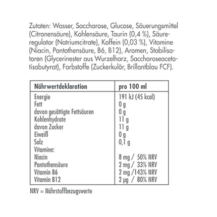 Energy-Drink Zutaten- und Nährwerttabelle auf weißem Etikett