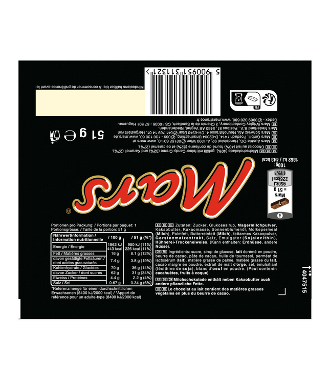 Mars Schokoriegel-Verpackung, schwarze Umhüllung mit rotem Schriftzug „Mars“