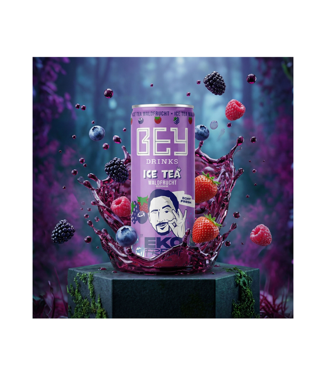 Bey Ice Tea Waldfrucht Dose, lila mit Waldfrucht- und Beerenmotiven