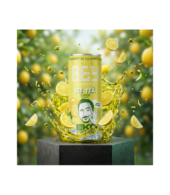 Bey Ice Tea Zitrone Dose, gelb-grün mit Zitronen- und Eistee-Design