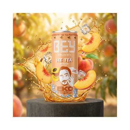 Bey Ice Tea Pfirsich Dose, hellgolden mit Pfirsich- und Eistee-Design
