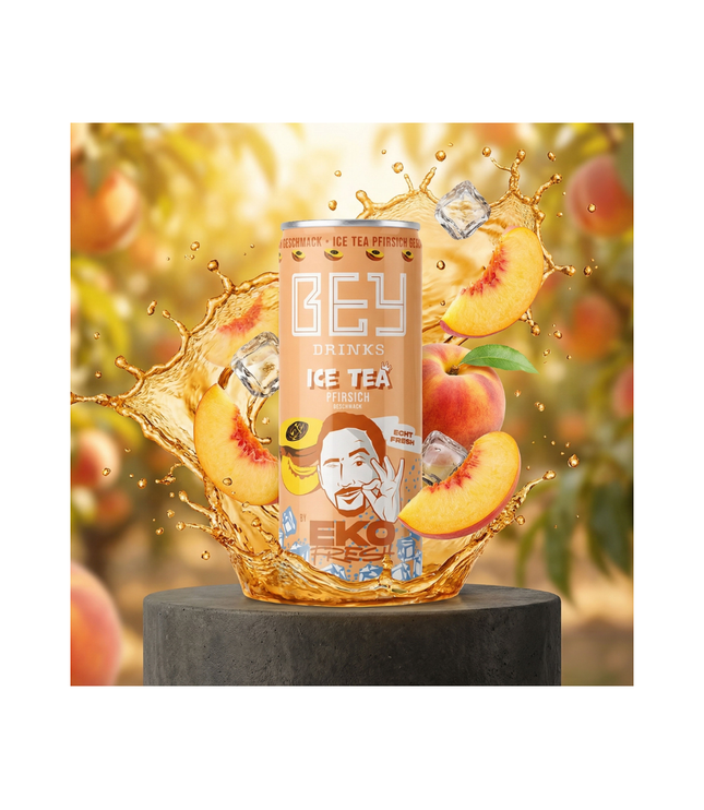 Bey Ice Tea Pfirsich Dose, hellgolden mit Pfirsich- und Eistee-Design