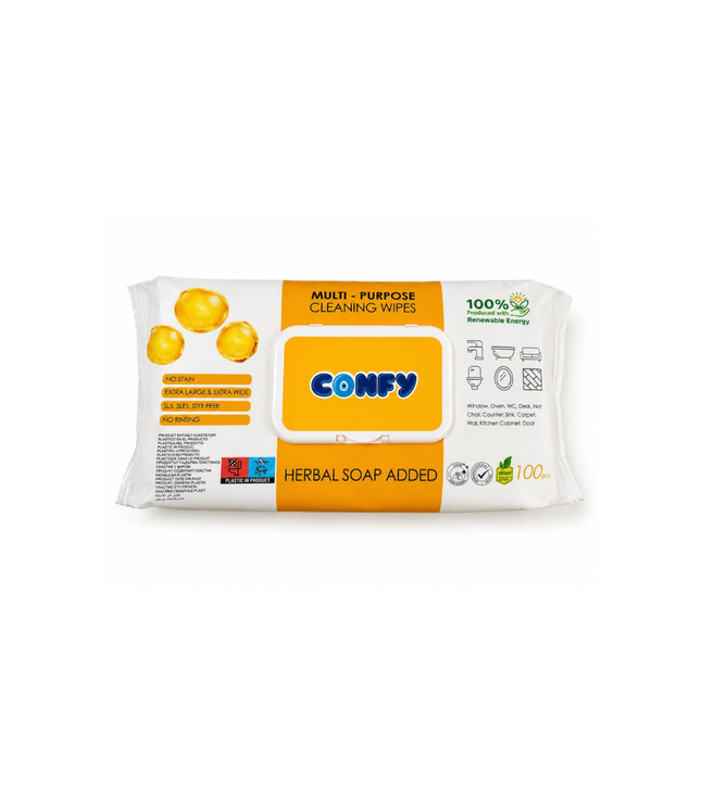 CONFY Mehrzweck-Reinigungstücher mit Kräuterseife, orangefarbene Frontpackung