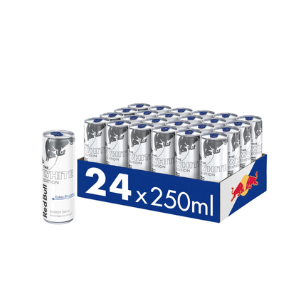 Energy-Drink-Packung mit 24 Dosen à 250 ml, silberne Dosen „The White Edition“