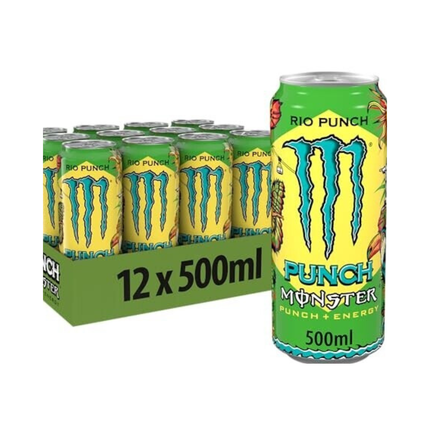 Monster Energy Rio Punch 12x500ml, pack of green cans with Rio Punch label