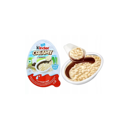 Kinder Creamy & Crunchy einzeln: Packung und gebrochenes Stück mit Füllung