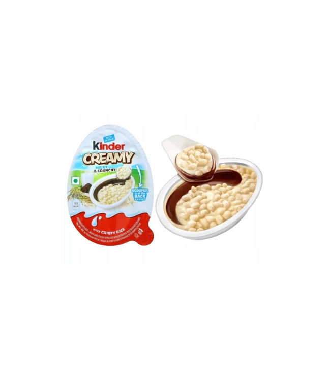 Kinder Creamy & Crunchy einzeln: Packung und gebrochenes Stück mit Füllung