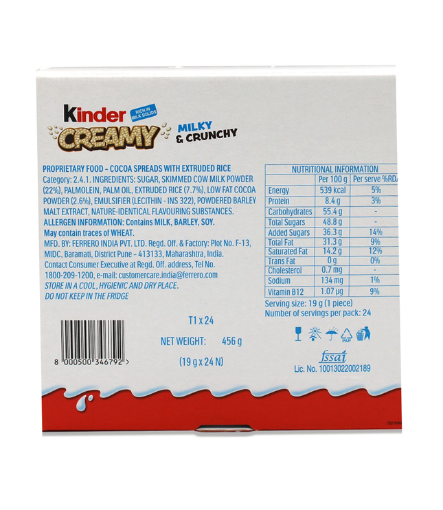 Kinder Creamy & Crunchy Rückseite: Nährwerte und Zutaten auf der Kartonverpackung