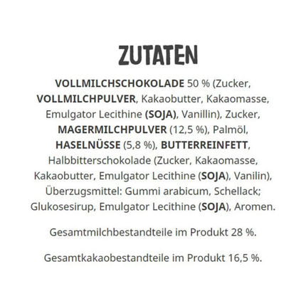 Zutatenliste: Vollmilchschokolade, Haselnüsse und Haselnussfüllung