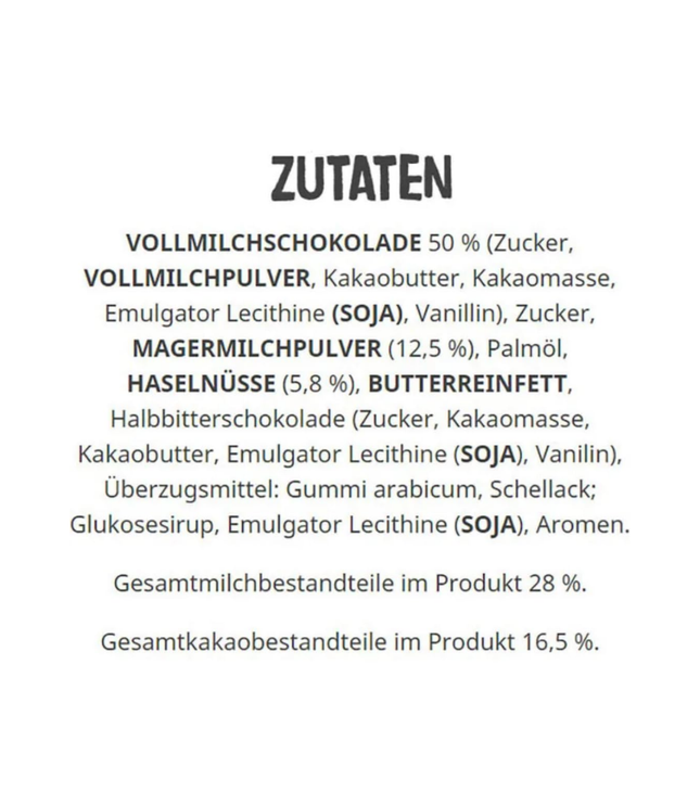 Zutatenliste: Vollmilchschokolade, Haselnüsse und Haselnussfüllung