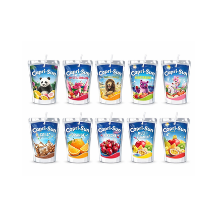 Capri-Sun Becher-Mixsorten, mehrere Trinkbecher mit bunten Fruchtmotiven