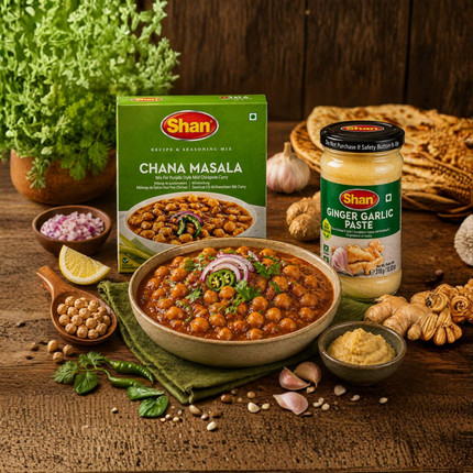 Chana Masala Gewürz-Mix mit Ginger Garlic Paste, Shan Set aus Schachtel und Glas