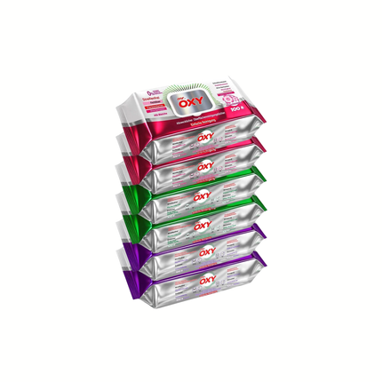 Mr. Oxy Allzweckreiniger 100-Tücher-Packung, gestapelte Tücher in Pink/Grün/Lila