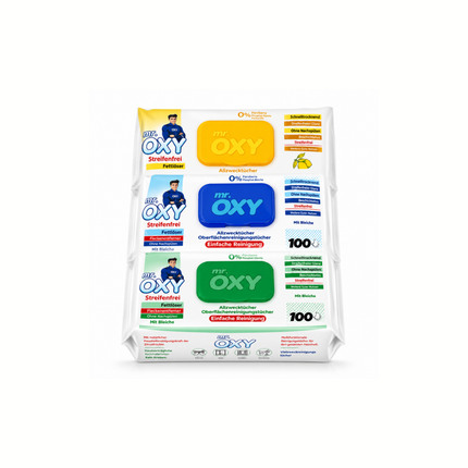 Mr. Oxy Allzweckreiniger - 100 Tücher Packung Mix(H.Grün,gelb,blau)