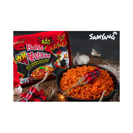 Samyang Buldak Hot Chicken Ramen 2x Spicy with orange noodles in black bowl