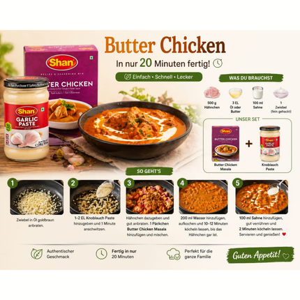 Butter Chicken Gewürz-Mix mit Knoblauchpaste, Shan Set mit Schachtel und Glas