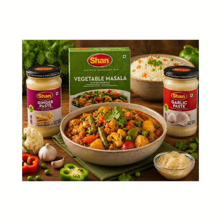 Vegetable Masala Gewürz-Mix mit Ginger- und Garlic-Paste, Shan Set mit Schachtel und Gläsern