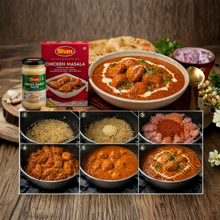 Chicken Masala Set: Shan Gewürzmix und Ginger Garlic Paste, dazu Curry in Schale