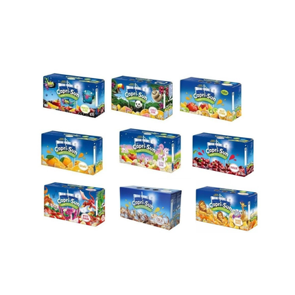 Capri-Sun Getränkepack mit verschiedenen Sorten, mehrere Kartons nebeneinander