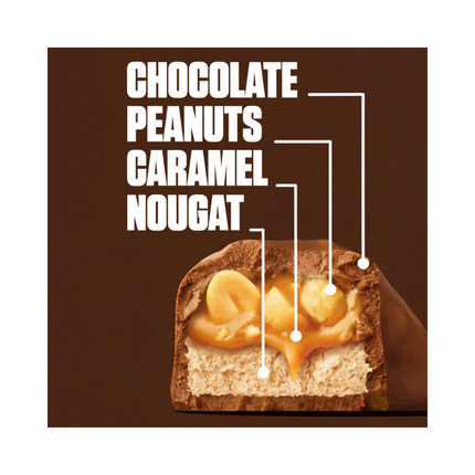 Snickers Riegel 24x50g Packungsansicht mit Aufschrift Chocolate, Peanuts, Caramel, Nougat