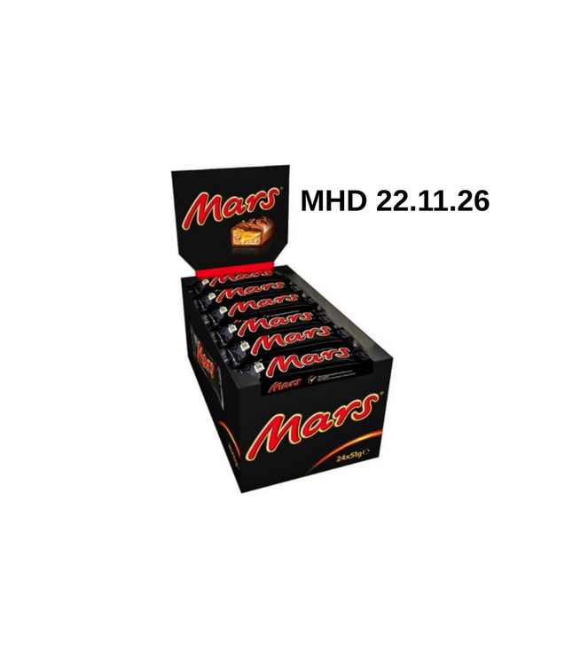 Mars Riegel 24×51 g Packung, schwarzes Design mit Mars-Logo