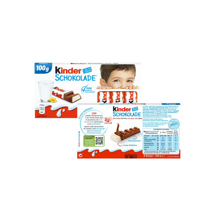 Kinder Schokolade 100 g Packung, Rückseite mit Nährwerten, 8 Riegel
