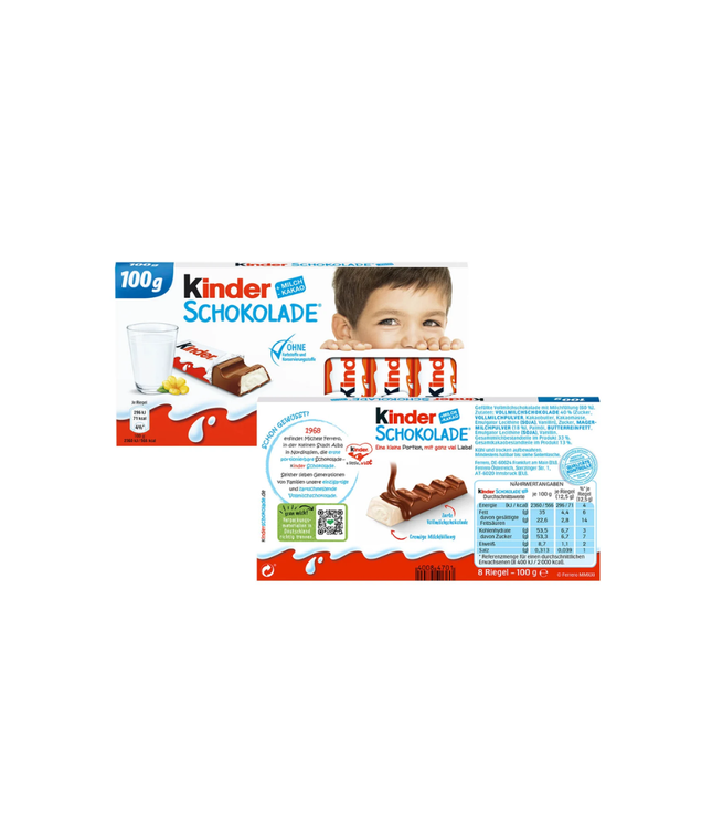 Kinder Schokolade 100 g Packung, Rückseite mit Nährwerten, 8 Riegel