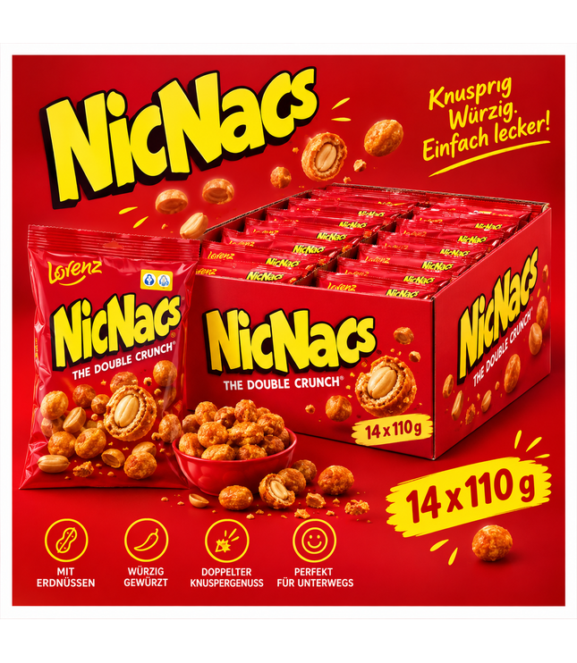 Knabbergebäck NicNac’s im roten Karton, 14x110 g Packung mit Nüssen